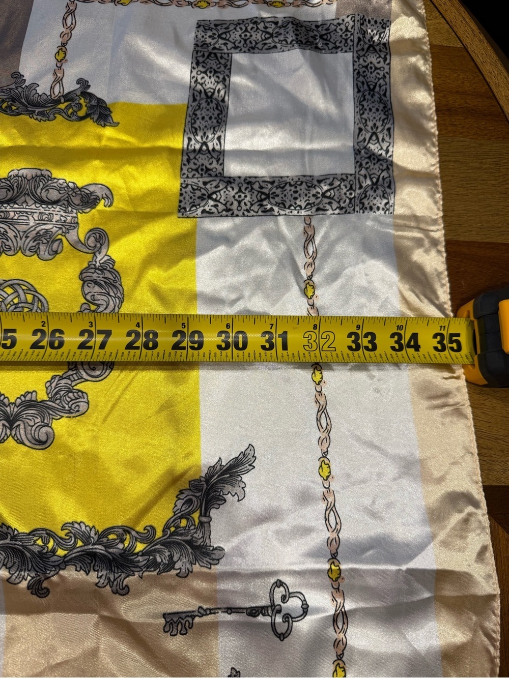 Silky Square Scarf with Yellow, Beige and Gray Geometric Print silk feeling poly - Picture 8 of 8